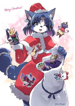 1girl :3 absurdres alternate_costume animal_ears animal_nose aqua_hair artist_name blue_fur blue_hair blue_ribbon blush body_fur breasts capelet character_doll christmas doll dress english_text falco_lombardi fay_spaniel female_focus fingernails fox_ears fox_girl fox_mccloud fox_tail fur-trimmed_capelet fur-trimmed_dress fur-trimmed_headwear fur_trim furry furry_female game_console gamecube green_eyes hair_tubes hands_up happy hat highres holding holding_doll holding_sack krystal light_blush long_sleeves looking_at_viewer merry_christmas miyu_lynx multicolored_hair namagaki_yukina nintendo one_eye_closed open_mouth outline peppy_hare pom_pom_(clothes) red_dress red_hat ribbon rob_64 sack santa_costume santa_hat short_dress short_hair sidelocks signature slippy_toad small_breasts smile solo sparkle star_fox star_fox_2 star_fox_64 star_fox_assault streaked_hair tail two-tone_fur two-tone_hair white_fur white_outline wink