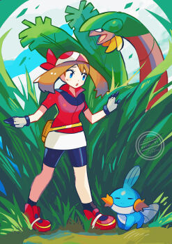 Rule 34 | 1girl, :o, anidler91, artist name, bandana, bike shorts, bike shorts under shorts, black shorts, blue eyes, brown hair, commentary, commentary request, fanny pack, full body, gen 3 pokemon, gloves, grass, highres, may (pokemon), mudkip, nintendo, open mouth, outdoors, pokemon, pokemon (creature), pokemon rse, red bandana, red shirt, red shoes, shirt, shoes, short hair, short sleeves, shorts, signature, solo, symbol-only commentary, tall grass, tropius, twitter username, white gloves