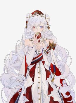1girl animal_ears apple arknights bare_arms bare_shoulders bear_ears bear_girl between_breasts blue_eyes blue_ribbon blue_sash blue_trim breasts cape cleavage collar couch cowboy_shot detached_collar double-parted_bangs dress ear_ornament eating elbow_gloves fingernails food frilled_dress frills fruit gem gloves gold_beads gold_necklace gold_tiara gold_trim hands_up hat heterochromia highres holding holding_food holding_fruit holding_own_wrist jewelry lace lace-trimmed_dress lace-trimmed_gloves lace_trim large_breasts latutou1 layered_dress light_blush long_dress long_hair mature_female multicolored_sash necklace nose official_alternate_costume pale_skin raised_eyebrows red_cape red_eyes red_gemstone red_hat red_sash ribbon rosa_(arknights) rosa_(masterpiece)_(arknights) russian_text sash simple_background sleeveless sleeveless_dress solo standing strapless strapless_dress tassel two-tone_cape ursus_logo veil very_long_hair wavy_hair white_background white_cape white_collar white_dress white_gloves white_gown white_hair white_sash
