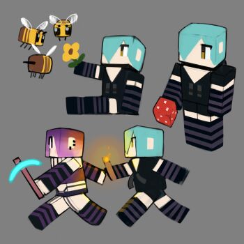 Rule 34 | 2boys, 2n5, aqua hair, bee (minecraft), black hoodie, commentary request, crop top, ear piercing, emo fashion, flower, full body, grey background, hair over one eye, holding, holding pickaxe, holding torch, hood, hoodie, iriya-kun, male focus, mikel-kun, minecraft, minecraft (style), multiple boys, original, pickaxe, piercing, purple eyes, purple hair, running, short shorts, shorts, striped arm warmers, striped clothes, striped thighhighs, thighhighs, torch, v-neck, yellow eyes