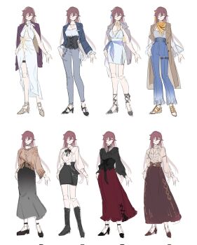 Rule 34 | 1girl, alternate costume, bandana, bandana around neck, black bow, black corset, black dress, black shirt, black shoes, black skirt, blue jacket, blue pants, bow, bowtie, brown coat, brown hair, brown poncho, brown skirt, coat, coat on shoulders, commentary, corset, dress, earrings, eden (honkai impact), english commentary, flower, frilled shirt, frilled sleeves, frills, fringe-trimmed pants, gold shoes, grey jacket, grey pants, grey shirt, hair flower, hair ornament, highres, honkai (series), honkai impact 3rd, jacket, jacket on shoulders, jewelry, laurel crown, long hair, long skirt, miniskirt, multiple views, neck ribbon, necklace, pants, pencil skirt, poncho, red jacket, red skirt, reference sheet, ribbon, sandals, sang sha, shirt, shoes, simple background, sketch, skirt, smile, thigh strap, white background, white dress, white shirt, yellow bandana, yellow eyes, yellow ribbon