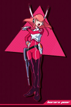 Rule 34 | 1girl, absurdres, barara peol, black background, character name, english text, full body, gloves, gundam, gundam g no reconguista, highres, holster, kawoshiki, open mouth, pink background, pointer, triangle, two-tone background, white gloves