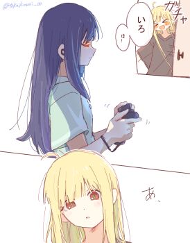 Rule 34 | > <, 2girls, ahoge, black shirt, blonde hair, blue hair, blush, brown eyes, cho kaguya-hime!, closed eyes, commentary request, controller, game controller, green shirt, highres, holding, holding controller, holding game controller, kaguya (cho kaguya-hime!), long hair, multiple girls, open mouth, sakayori iroha, shirt, short sleeves, sidelocks, translated, wagariro