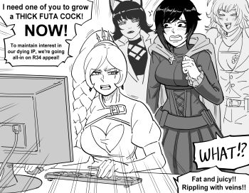 4girls absurdres animal_ears bb_(baalbuddy) blake_belladonna blush braid braided_ponytail cat_ears computer english_text greyscale highres computer_keyboard meme meta monitor monochrome multiple_girls pleated_skirt ruby_rose rwby side_ponytail simple_background sitting skirt speech_bubble swept_bangs table weiss_schnee white_background yang_xiao_long