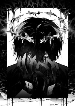 1boy abstract_background ahoge blood blood_from_forehead blood_on_face bloody_tears collarbone corruption crown_of_thorns dark dark_persona double-parted_bangs gloves glowing glowing_eyes greyscale hair_between_eyes hand_tattoo hands_up high_contrast highres looking_at_viewer male_focus male_rover_(wuthering_waves) melting monochrome portrait q_9981 rover_(wuthering_waves) short_hair solo straight-on tacet_mark_(wuthering_waves) tattoo twitter_username very_short_hair wuthering_waves