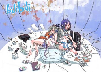 2girls :3 ahoge alternate_hair_color autumn_leaves bare_shoulders barefoot bili_girl_22 bili_girl_33 bilibili blue_hair bow cd daleilang feet feng_shui_(daleilang) floating_screen game_console grey_hair hair_bow hair_ornament hair_ribbon headphones leaf logo long_hair maple_leaf mascot mecha_to_identify mouth_hold multiple_girls open_mouth panties power_strip red_eyes ribbon shoe_dangle shoes side_ponytail single_shoe single_sock sitting socks striped_clothes striped_legwear striped_panties striped_thighhighs tail television thighhighs underwear unworn_socks xbox_360