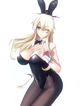 1girl 3d alternate_costume animal_ears black_bow black_bowtie black_leotard black_pantyhose blonde_hair blue_eyes bow bowtie breasts cleavage covered_navel cowboy_shot detached_collar gr_sword headgear highres index_finger_raised iowa_(kancolle) kantai_collection large_breasts leotard long_hair looking_at_viewer one_eye_closed pantyhose playboy_bunny rabbit_ears side-tie_leotard simple_background solo star-shaped_pupils star_(symbol) strapless strapless_leotard symbol-shaped_pupils white_background wrist_cuffs