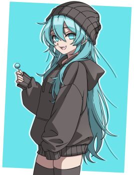 1girl absurdres aqua_background aqua_eyes aqua_hair arm_at_side beanie black_hat black_hoodie black_thighhighs border breasts candy commentary cowboy_shot drawstring drop_shadow english_commentary fang food from_side ghuler hair_between_eyes hair_down hand_up hat hatsune_miku highres holding holding_candy holding_food holding_lollipop hood hood_down hoodie lollipop long_hair long_sleeves looking_at_viewer medium_breasts no_pants no_pupils open_mouth outside_border sidelocks simple_background skin_fang sleeves_past_fingers sleeves_past_wrists smile solo standing thighhighs tongue turning_head very_long_hair vocaloid white_border zettai_ryouiki