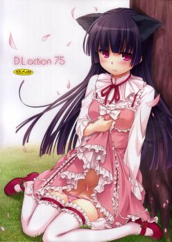 Rule 34 | 1girl, absurdres, alternate costume, animal ears, black hair, blush, cat ears, censored, clothes lift, convenient censoring, dress, female focus, gokou ruri, grass, highres, lolita fashion, long hair, looking at viewer, mary janes, nakajima yuka, ore no imouto ga konna ni kawaii wake ga nai, panties, panty pull, petal censor, petals, pink panties, red eyes, shoes, sitting, skirt, skirt lift, solo, thighhighs, underwear, wariza, white thighhighs, wind