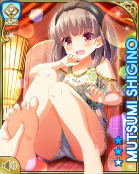 1girl barefoot bow brown_hair card_(medium) day girlfriend_(kari) indoors looking_at_viewer midriff_peek official_art open_mouth qp:flapper red_eyes shigino_mutsumi shirt short_twintails shorts silver_hair sitting solo spa surprised twintails white_shirt white_shorts yellow_bow