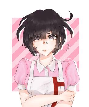 Rule 34 | 1girl, alternate hair length, alternate hairstyle, apron, black hair, chouxsugar, closed mouth, collared shirt, commentary, danganronpa (series), danganronpa 2: goodbye despair, english commentary, eyelashes, flying sweatdrops, hand on own arm, highres, lips, mole, mole under eye, pink shirt, puffy short sleeves, puffy sleeves, purple eyes, shirt, short hair, short sleeves, signature, sweat, tearing up, tsumiki mikan, upper body, white apron