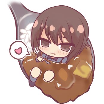 1girl black_shoes blush breasts brown_hair chibi chibi_only commentary_request curry curry_rice eating food girls_und_panzer grey_shirt grey_socks heart highres holding holding_spoon kuromorimine_school_uniform long_sleeves looking_at_viewer makyabetsu medium_breasts nishizumi_maho rice school_uniform shirt shoes short_hair simple_background smile socks solo spoon white_background