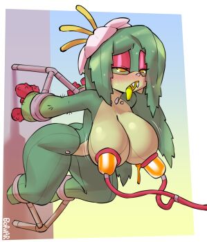 1girl absurdres blush borvar breasts colored_skin commentary english_commentary fangs flower full_body green_hair green_skin hair_flower hair_ornament highres large_breasts milking_machine monster_girl open_mouth orange_eyes original plant_girl restrained rolling_eyes solo sweat tongue tongue_out