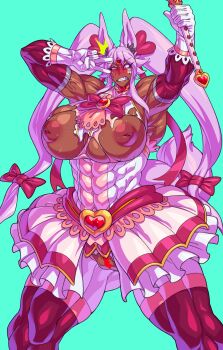 1girl absurdres animal_ears aqua_background blush breasts censored covered_abs dantera_rina dark_skin detached_sleeves embarrassed facial_mark frilled_skirt frills hair_ribbon heart heart_censor highres holding holding_wand hutago inverted_nipples magical_girl muscular muscular_female no_panties original pink_hair pussy rabbit_ears ribbon simple_background skirt solo surprised torn_clothes twintails v veins veiny_arms wand