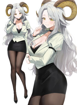 1girl absurdres animal_ears black_choker black_dress black_shoes breasts brown_pantyhose choker cleavage closed_mouth commentary dress grey_hair highres horns jacket juliet_sleeves large_breasts long_hair long_sleeves looking_at_viewer multiple_views original pantyhose puffy_sleeves rectangular_pupils sarukana sheep_ears sheep_girl sheep_horns shoes short_dress simple_background smile solo symbol-only_commentary very_long_hair white_background white_jacket yellow_eyes