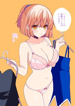 1girl :o bare_arms bare_shoulders black_leotard blue_dress blush bow bow_bra bow_panties bra breasts brown_background brown_hair cleavage clothes_hanger collarbone commentary_request dress highres holding large_breasts leotard leotard_removed looking_at_viewer madou_monogatari navel orange_eyes panties parted_lips pink_bra pink_panties puyopuyo shiwasu_horio simple_background solo standing translation_request underwear underwear_only unworn_dress