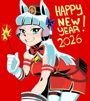 1girl 2026 absurdres animal_ears armband blunt_bangs bow bowtie breasts brown_hat dress ear_ribbon fattcactus fireworks gloves gold_ship_(red_strife)_(umamusume) gold_ship_(umamusume) grey_hair grin happy_new_year hat highres holding holding_fireworks horse_ears horse_girl long_hair looking_at_viewer new_year no_tail open_mouth pantyhose pillbox_hat purple_bow purple_eyes red_background red_bow red_bowtie red_dress sleeveless sleeveless_dress smile solo sparkler striped_armband striped_clothes teeth umamusume white_gloves white_pantyhose