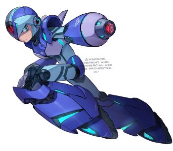 1boy adapted_costume android arm_cannon armor blue_armor blue_boots blue_headwear boots forehead_jewel glowing green_eyes helmet highres mega_man_(series) mega_man_x_(series) neon_trim shoulder_armor simple_background solo tanaka_(is2_p) thrusters watermark weapon white_background x_(mega_man)