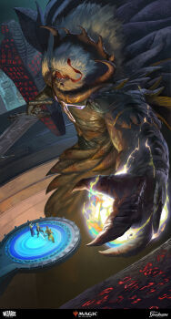 4boys absurdres beard company_name facial_hair fighting_stance final_fantasy final_fantasy_x floating giant glowing glowing_eyes goodname1 headband highres holding holding_sword holding_weapon jecht magic:_the_gathering multiple_boys official_art red_headband spoilers sword tidus wakka weapon yuna_(ff10)