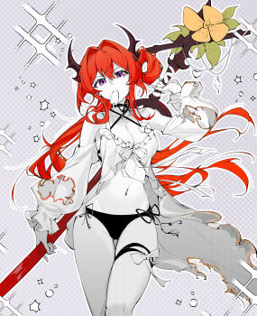 1girl absurdres arknights bare_shoulders bikini black_bikini breasts cleavage collarbone commentary_request cowboy_shot criss-cross_halter demon_horns detached_sleeves food hair_intakes halterneck highres holding holding_sword holding_weapon horns ice_cream large_breasts limited_palette long_hair looking_at_viewer navel official_alternate_costume purple_eyes red_hair shio_sakana side-tie_bikini_bottom solo standing surtr_(arknights) surtr_(colorful_wonderland)_(arknights) swimsuit swimsuit_cover-up sword thigh_strap weapon