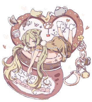 1girl animal_ears blonde_hair brown_dress cat_ears chipie_0114 commentary dress highres long_hair looking_at_viewer lying no_shoes on_stomach original socks solo twintails very_long_hair white_socks