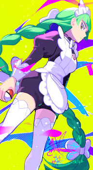 1girl absurdres apron black_shirt black_shorts braid braided_ponytail brown_eyes closed_mouth commentary_request dated from_below green_background green_hair highres holding holding_poke_ball lebanne_(pokemon) long_hair long_sleeves low-tied_long_hair nintendo poke_ball poke_ball_(basic) pokemon pokemon_legends:_z-a puffy_sleeves ramune_shuwa07 shirt shorts signature solo thighhighs white_apron white_thighhighs