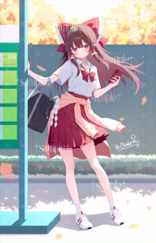 1girl absurdres alternate_costume bag blush bow bowtie brown_hair cellphone chinese_commentary closed_mouth clothes_around_waist collared_shirt commentary_request contemporary frilled_bow frilled_hair_tubes frills gohei hair_bow hair_tubes hakurei_reimu highres holding holding_phone long_hair looking_at_viewer ohako_miyu outdoors phone pleated_skirt power_item_(touhou) red_bow red_bowtie red_eyes red_skirt sample_watermark school_bag school_uniform shirt shoes short_sleeves skirt smartphone sneakers socks solo sweater sweater_around_waist touhou very_long_hair watermark white_shirt white_shoes white_socks