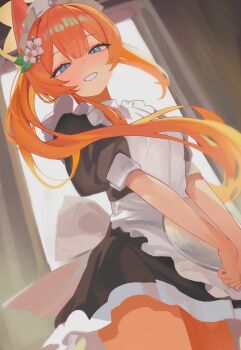 1girl absurdres apron black_dress blue_archive blue_eyes blunt_bangs blush commentary cowboy_shot doorway dress dutch_angle english_commentary flower hair_flower hair_ornament halo highres holding holding_plate long_hair looking_at_viewer maid_apron maid_headdress mari_(blue_archive) orange_hair plate setakman solo unfinished yellow_halo