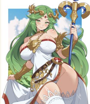 1girl bangle bare_shoulders belt black_thighhighs blush border bracelet breasts brown_belt closed_mouth commentary cowboy_shot dress floating_hair forehead_jewel gem glint gold_bracer green_eyes green_hair hair_ornament highres holding holding_staff jewelry kid_icarus kid_icarus_uprising large_breasts legs_together long_hair looking_at_viewer neck_ring nintendo outside_border palutena panties red_gem skirt_hold smile solo staff standing strapless strapless_dress thighhighs underwear very_long_hair vizaz white_border white_panties