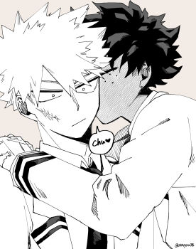 Rule 34 | 2boys, :/, absurdres, bakugou katsuki, blush, boku no hero academia, closed eyes, closed mouth, collared shirt, commentary request, facial scar, full-face blush, grey background, hand on another's shoulder, heart, highres, jacket, kiss, kissing cheek, korean commentary, lapels, male focus, midoriya izuku, multiple boys, navyou38, necktie, notched lapels, open clothes, open jacket, parted bangs, scar, scar on cheek, scar on face, scar on hand, shirt, short hair, simple background, speech bubble, spiked hair, suit jacket, twitter username, upper body, wide-eyed, wing collar, yaoi