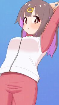 1girl arms_up black_hair blue_background blush breasts brown_eyes colored_inner_hair commentary cowboy_shot hair_ornament hairclip happyundergate highres jacket long_hair looking_at_viewer medium_breasts multicolored_hair onii-chan_wa_oshimai! oyama_mihari pants purple_hair red_pants simple_background solo track_jacket track_pants two-tone_hair