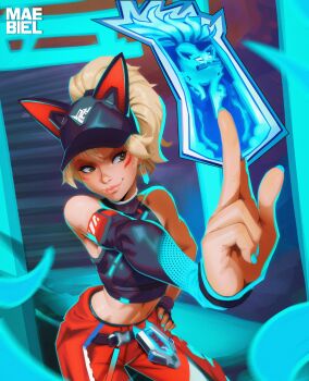 1girl animal_ears artist_name bare_shoulders baseball_cap blonde_hair blue_nails breasts brown_eyes clothes_around_waist crop_top detached_sleeves earrings facial_mark fingerless_gloves fox_ears gloves hat highres jacket jacket_around_waist jewelry kiriko_(overwatch) maebiel midriff official_alternate_costume ofuda overwatch pants ponytail red_pants single_detached_sleeve single_earring single_fingerless_glove smile streetwear_kiriko torii