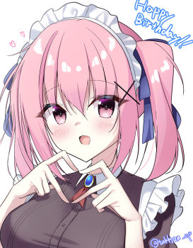 Rule 34 | 1girl, :d, absurdres, apron, black dress, blue ribbon, blush, breasts, commentary request, dress, eyes visible through hair, four-finger heart hands, hair between eyes, hair ornament, hair ribbon, hands up, happy, happy birthday, heart, heart hands, highres, large breasts, long hair, looking at viewer, maid, maid apron, maid headdress, melissa (sakura no kumo scarlet no koi), open mouth, pink eyes, pink hair, ribbon, sakura no kumo scarlet no koi, sidelocks, simple background, smile, solo, takkyan, twintails, twitter username, white background, x hair ornament