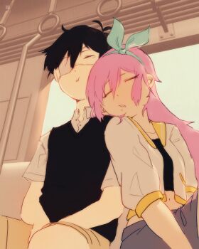 1boy 1girl antenna_hair aubrey_(faraway)_(omori) aubrey_(omori) black_hair black_sweater_vest blue_hairband blue_skirt brown_shorts closed_eyes collared_shirt commentary crop_top denim denim_skirt double-parted_bangs english_commentary hair_between_eyes hairband hfsean2 highres jacket long_hair navel omori open_clothes open_jacket parted_lips pink_hair shirt short_hair shorts sidelocks sitting skirt sleeping spoilers sunny_(omori) sweater_vest train_interior white_jacket white_shirt