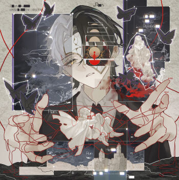 1boy 2girls absurdres black_butterfly black_hair black_jacket black_necktie blood blood_on_clothes bug butterfly cape cat's_cradle cloud collared_shirt commentary curtained_hair eye_mask gold_trim half_eye_mask hands_up highres insect jacket limbus_company mask multicolored_hair multiple_girls necktie parted_bangs parted_lips project_moon revealing_layer rien's_daughter_(project_moon) rien's_wife_(project_moon) rien_(project_moon) shirt smoke streaked_hair string string_of_fate tokulily two-tone_hair white_hair white_mask white_shirt yellow_eyes