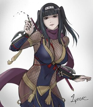 1girl arm_blade artist_name black_hair black_scarf blunt_bangs bodystocking bodysuit breasts calligraphy_brush cleavage covered_navel fire_emblem fire_emblem_awakening fire_emblem_heroes fishnet_bodystocking fishnets headband highres holding holding_behind_back holding_sword holding_sword_behind_back holding_weapon holding_weapon_behind_back japanese_clothes large_breasts long_hair looking_at_viewer lynarc ninja nintendo official_alternate_costume paintbrush parted_lips scarf signature smile solo sword tharja_(fire_emblem) tharja_(ninja)_(fire_emblem) weapon white_background