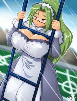 1girl against_glass blue_sky breast_press breasts breasts_on_glass cleavage cleavage_cutout clothing_cutout frown glasses green_hair hair_between_eyes hanyuu_mizuki holding_ladder huge_breasts ladder long_hair long_sleeves looking_down maid maid_headdress nervous outdoors ponytail purple_eyes red-framed_eyewear shonuff44 sky solo stuck stuck_in_object tennis_court vampire_(ova) wide_hips