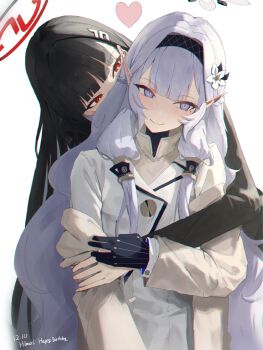 2girls absurdres behind_another black_hair blue_archive blush breasts commentary_request flower hair_behind_ear hair_flower hair_ornament hairband halo highres himari_(blue_archive) hug hug_from_behind long_hair millennium_science_school_logo mole mole_under_eye multiple_girls pointy_ears purple_eyes red_eyes rio_(blue_archive) s0lari_sub white_hair yuri