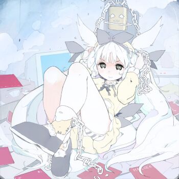 1girl chain dress flat_chest full_body grey_eyes highres kinomoto_(nazonoinu) knees_up lock long_hair looking_at_viewer lying on_back original padlock panties panty_peek short_dress solo striped_clothes striped_panties underwear very_long_hair white_hair