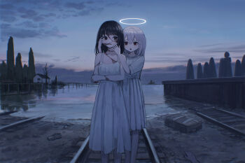 2girls amputee building cloud cloudy_sky dawn dismemberment dress glasgow_smile hair_ornament halo hand_on_another&#039;s_head highres horizon horror_(theme) injury medium_hair multiple_girls open_mouth original outdoors pier purple_hair railroad_tracks sakiika0513 severed_limb shoes shore sky standing suitcase teeth tree unworn_shoes water white_dress
