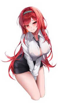 1girl 4q_(lokcy516) absurdres alternate_costume between_breasts between_legs black_necktie black_skirt blush breasts closed_mouth commentary_request cropped_legs goddess_of_victory:_nikke green_hairband hairband hand_between_legs highres long_hair miniskirt necktie necktie_between_breasts pencil_skirt rapi_(nikke) rapi_(red_hood)_(nikke) red_eyes red_hair shirt simple_background skirt smile solo thighs very_long_hair white_background white_shirt