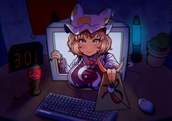 1girl :&gt; absurdres animal_ears animal_hat blonde_hair blue_tabard bottle breasts commentary computer envelope fingernails fox_ears fox_shadow_puppet frilled_sleeves frills hat highres holding holding_envelope holding_letter kitsune large_breasts lava_lamp letter long_sleeves looking_at_viewer mob_cap sharp_fingernails short_hair sleepymoon soda_bottle solo tabard through_medium through_screen touhou twitter_username yakumo_ran yellow_eyes