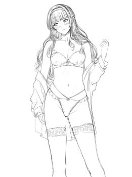 blunt_bangs blush breasts bulge cowboy_shot earrings futa_without_pussy futanari hair_behind_ear hairband highres jewelry lingerie long_eyelashes long_hair navel nut-chan_(xter) original shy underwear undressing xter