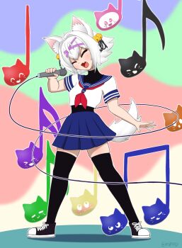Rule 34 | 1girl, ahoge, animal ear fluff, animal ears, bell, black leotard, black ribbon, black shoes, black thighhighs, blue sailor collar, blue skirt, blush, cable, cat ears, cat girl, cat tail, closed eyes, collared shirt, empyu, eyelashes, fang, filian (vtuber), full body, hair bell, hair intakes, hair ornament, hair ribbon, highres, holding, holding microphone, indie virtual youtuber, legs apart, leotard, leotard under clothes, microphone, music, musical note, neckerchief, open mouth, outline, red neckerchief, ribbon, rindo (vrchat), sailor collar, school uniform, serafuku, shirt, shoelaces, shoes, short sleeves, singing, skin fang, skirt, solo, standing, tail, thighhighs, white hair, white outline, white shirt