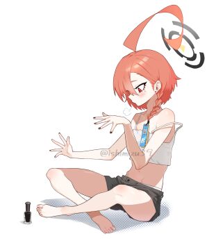 1girl absurdres ahoge bare_legs barefoot black_shorts blue_archive blush braid camisole commentary_request crop_top earrings fingernails full_body halo highres hip_bones huge_ahoge indian_style jewelry jjigong_chigon mole mole_under_eye nail_polish navel neru_(blue_archive) orange_hair puff_of_air red_eyes short_hair short_shorts shorts simple_background single_braid sitting solo stomach strap_slip stud_earrings toes twitter_username white_background white_camisole