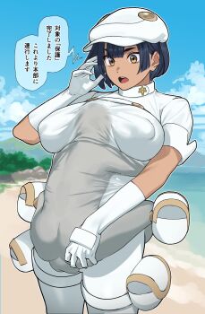 1boy 1girl absurdres aether_foundation_employee beach blue_hair blue_sky blurry blurry_background breasts covered_erect_nipples dark_skin dress elbow_gloves gloves hat height_difference highres hug jikatarou large_breasts looking_down nintendo open_mouth oyoufuku_akachan pokemon pokemon_sun_and_moon short_hair size_difference sky standing talking teeth thighhighs tongue translation_request upper_teeth_only white_dress white_gloves white_hat white_thighhighs yellow_eyes
