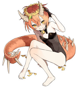 Rule 34 | 1boy, :q, absurdres, bare arms, bare legs, bare shoulders, barefoot, bell, black collar, black gloves, black leotard, brown horns, closed mouth, collar, commentary, double-parted bangs, dragon horns, dragon tail, full body, gloves, hair between eyes, hand up, head wreath, highres, horns, leotard, male focus, neck bell, orange hair, original, petals, seeshin see, short hair, simple background, sitting, solo, tail, toes, tongue, tongue out, white background, yellow eyes