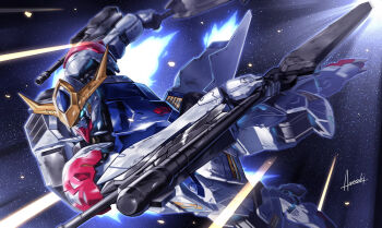 amasaki_yusuke blue_eyes club_(weapon) dual_wielding flying glowing glowing_eye gundam gundam_barbatos_lupus gundam_tekketsu_no_orphans holding holding_club holding_sword holding_weapon mecha mobile_suit robot science_fiction signature solo space sword v-fin weapon