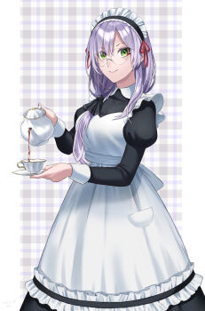 Rule 34 | 1girl, absurdres, alternate costume, apron, black dress, closed mouth, commentary request, cup, dress, enmaided, eyelashes, feet out of frame, frilled apron, frills, glasses, green eyes, grey hair, hair ribbon, hands up, heaven burns red, highres, holding, holding cup, holding teapot, izumi yuki (heaven burns red), juliet sleeves, lips, long hair, long sleeves, looking at viewer, low side ponytail, maid, maid apron, maid headdress, nil (pixiv 53614557), plaid background, pouring, puffy sleeves, red ribbon, ribbon, round eyewear, simple background, smile, solo, split mouth, standing, tea, teacup, teapot, white apron