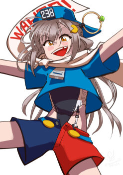 absurdres blue_hat blue_shirt buttons character_name chipped_tooth cosplay english_text gem green_gem hat highres jewelry kantai_collection kaze_no_klonoa klonoa klonoa_(cosplay) ring ron_(pixiv83091338) scarf shirt shorts smile super_highleg two-tone_one-piece_swimsuit two-tone_shorts wahoo_(kancolle) white_scarf yellow_eyes